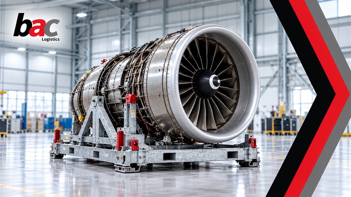 Aircraft engine on a transport cradle in a hangar, with BAC Logistics branding