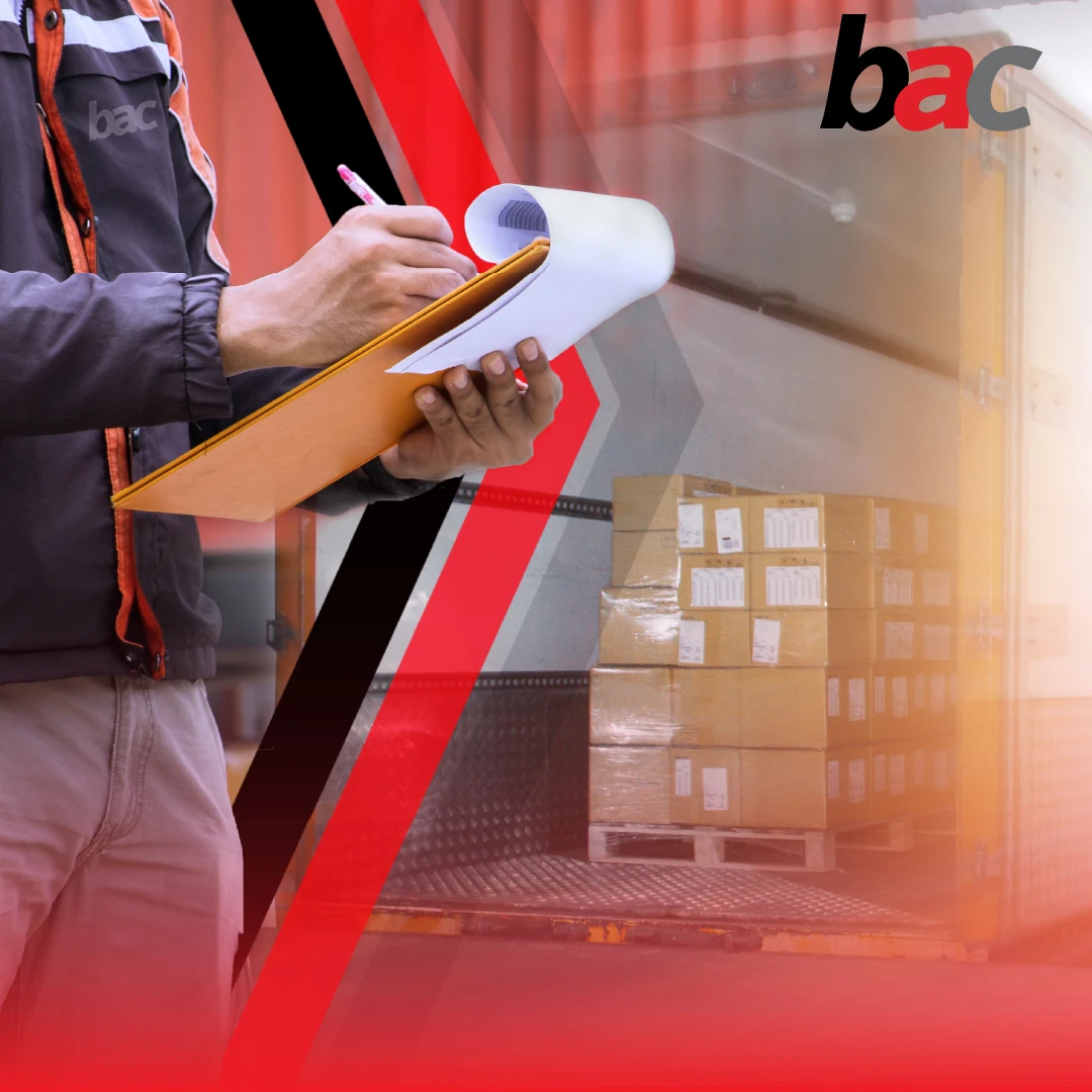 Customs officer inspecting cargo with compliance checklist at warehouse