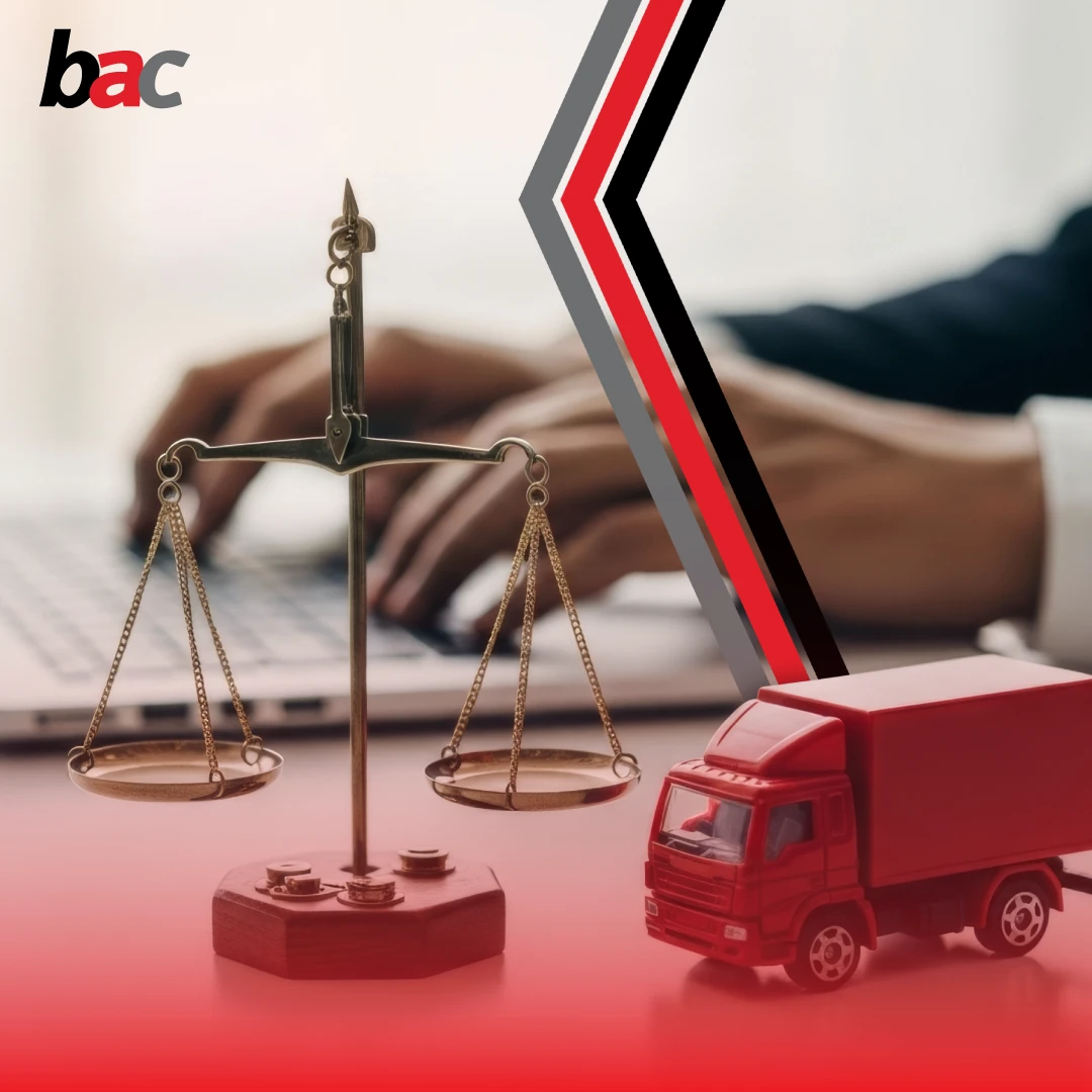 Balance scales and red truck symbolising compliance in freight logistics