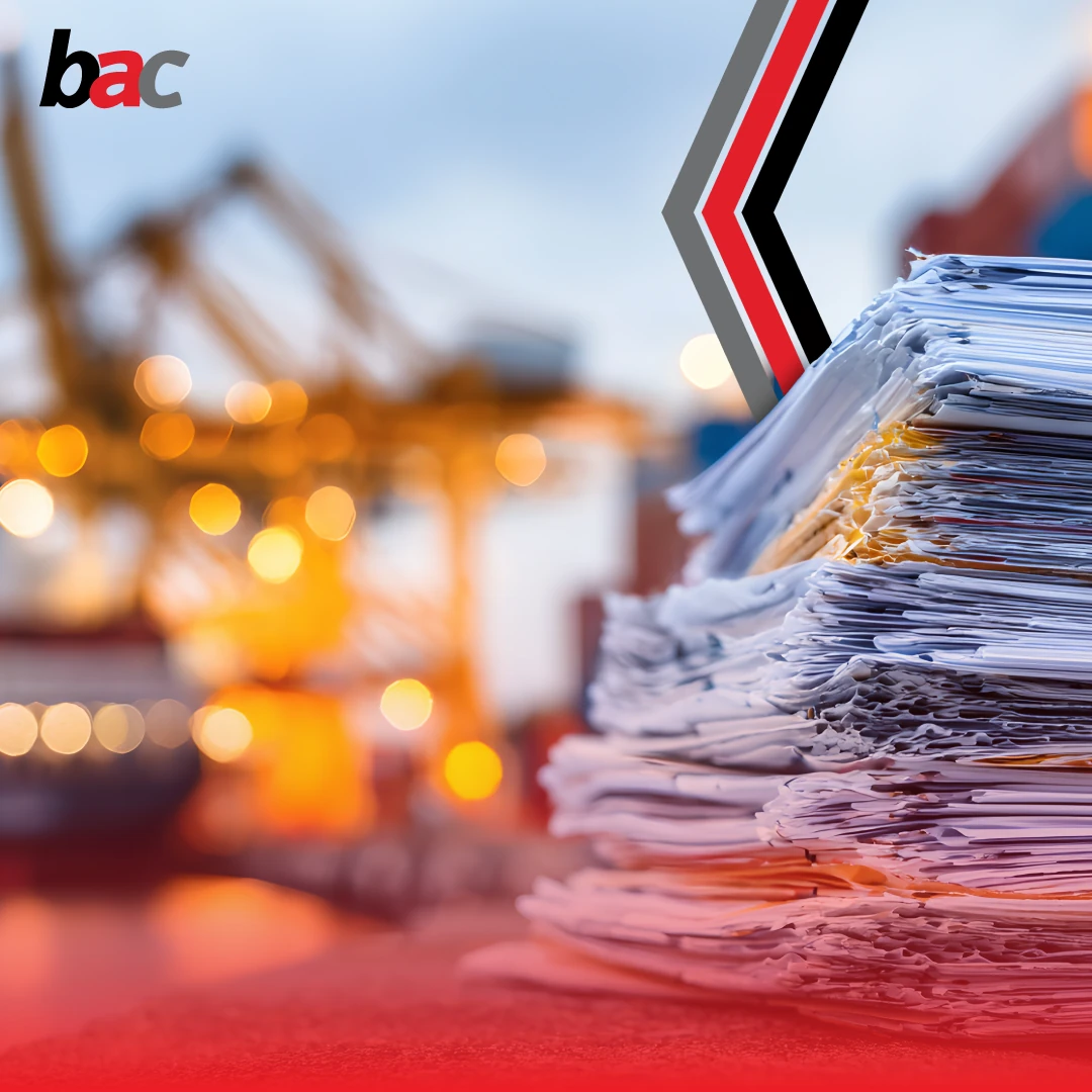 Stack of customs paperwork with blurred port cranes representing SARS and AEO compliance