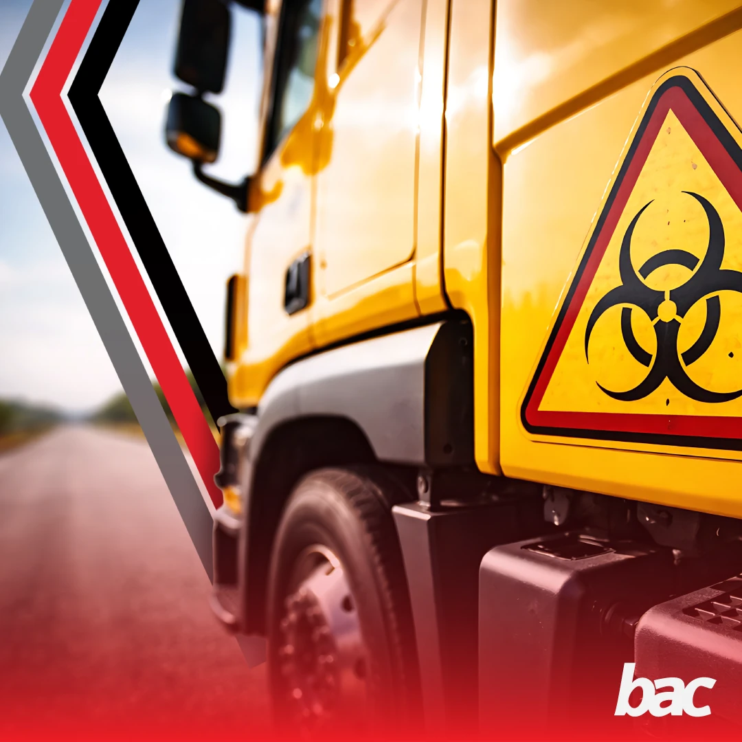 Dangerous goods transport truck with hazard warning sign