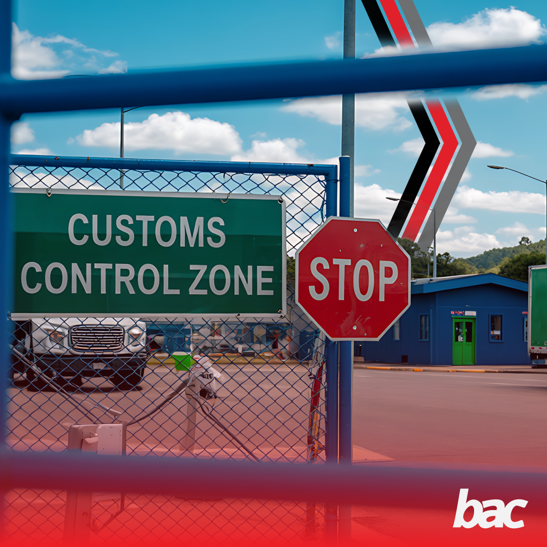 Customs control zone at a border facility representing customs clearing requirements before cargo movement.